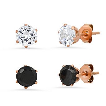 Steeltime Ladies 2 pc 18k rose gold plated stainless steel black/white sim diamond stud earrings