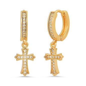 Steeltime Ladies 18k gold plated brass simulate diamonds dangling charm cross huggie earrings