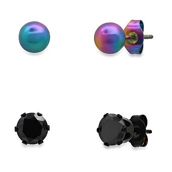 Steeltime Men's 2 pc multi stainless steel studs and black stainless steel sim diamond stud earrings