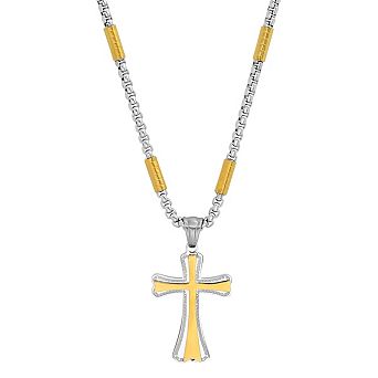 Steeltime 24" two tone stainless steel and 18k gold plated tube link cross pendant