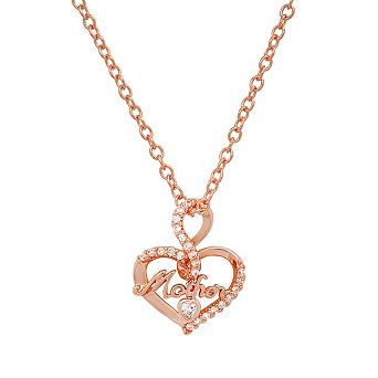 Steeltime 24" 18k pink gold plated brass simulated diamonds heart shape "Mother" pendant