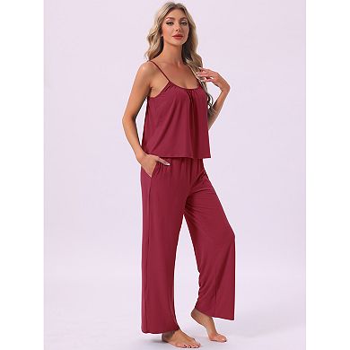 Women's Pajama Set Pleated Cami Top and Pants Knit Stretchy Summer Lounge Sets with Pockets