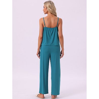 Women's Pajama Set Pleated Cami Top and Pants Knit Stretchy Summer Lounge Sets with Pockets