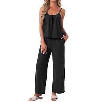 Women's Pajama Set Pleated Cami Top and Pants Knit Stretchy Summer Lounge Sets with Pockets