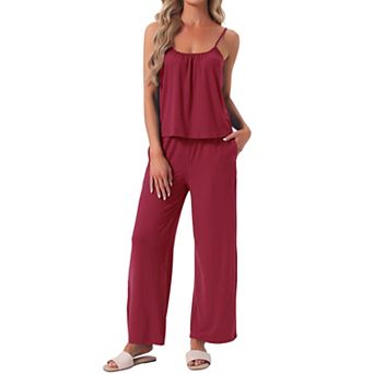 Women's Pajama Set Pleated Cami Top and Pants Knit Stretchy Summer Lounge Sets with Pockets