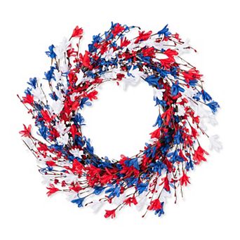 Glitzhome 24"D Patriotic Wreath Decor, Patriotic / Americana Red&White&Blue Floral Wreath