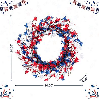 Glitzhome 24"D Patriotic Wreath Decor, Patriotic / Americana Red&White&Blue Floral Wreath