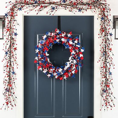 Glitzhome 24"D Patriotic Wreath Decor, Patriotic / Americana Red&White&Blue Floral Wreath