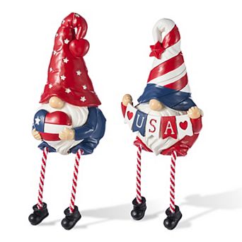 Glitzhome Set of 2 Patriotic/ Americana Polyresin Gnome with Dangling Legs Table Decor