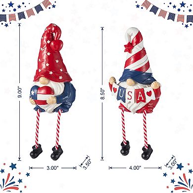 Glitzhome Set of 2 Patriotic/ Americana Polyresin Gnome with Dangling Legs Table Decor