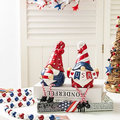 Glitzhome Set of 2 Patriotic/ Americana Polyresin Gnome with Dangling Legs Table Decor