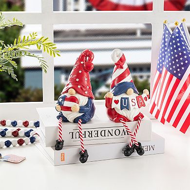 Glitzhome Set of 2 Patriotic/ Americana Polyresin Gnome with Dangling Legs Table Decor