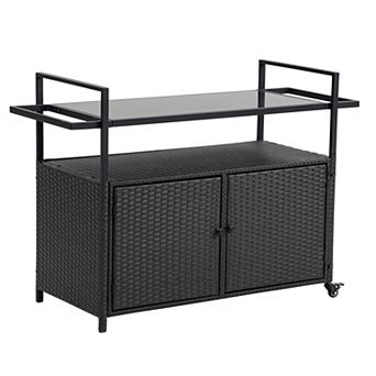 WOW PIONEER Outdoor Rolling Bar Cart with Glass Top and Storage Cabinet