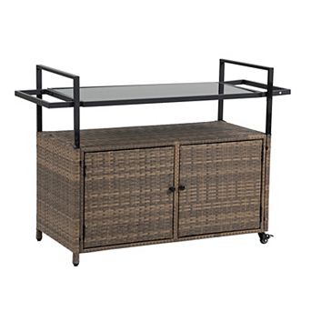 WOW PIONEER Outdoor Rolling Bar Cart with Glass Top and Storage Cabinet