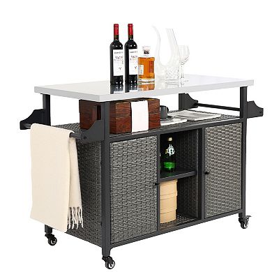 WOW PIONEER Outdoor Kitchen Rolling Storage Cabinet with Expandable Table Top and Wheels
