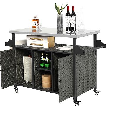 WOW PIONEER Outdoor Kitchen Rolling Storage Cabinet with Expandable Table Top and Wheels