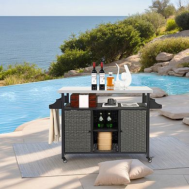 WOW PIONEER Outdoor Kitchen Rolling Storage Cabinet with Expandable Table Top and Wheels