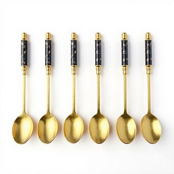 Decorative Teaspoon 6 pc Set with Gold Tone Finish and Patterned Handle Design