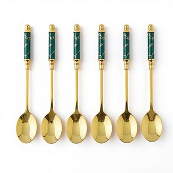 Decorative Teaspoon 6 pc Set with Gold Tone Finish and Patterned Handle Design
