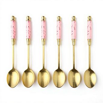 Decorative Teaspoon 6 pc Set with Gold Tone Finish and Patterned Handle Design