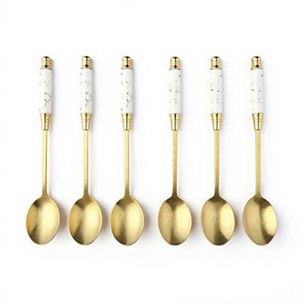 Decorative Teaspoon 6 pc Set with Gold Tone Finish and Patterned Handle Design