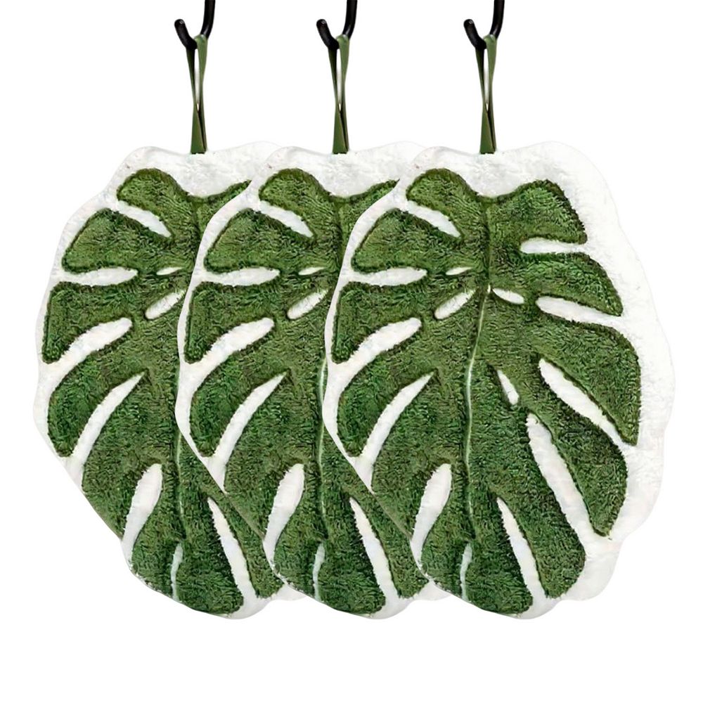 Soft Absorbent Hanging Hand Towels Leaf Shaped Reusable Cleaning Cloth with Loop 3 Pack - Dark Green