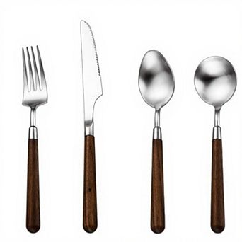 Wooden Handle Stainless Steel Flatware Set with Fork Knife and Spoons 4 pc Set