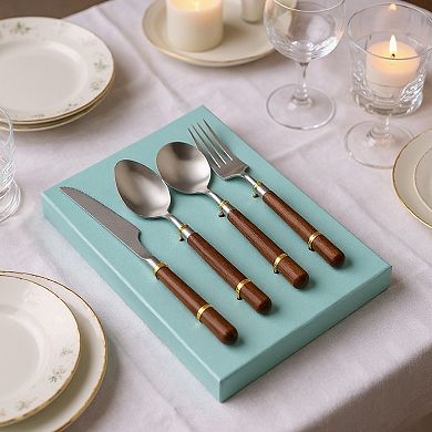 Wooden Handle Stainless Steel Flatware Set with Fork Knife and Spoons 4 Piece Set