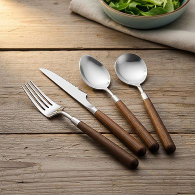 Wooden Handle Stainless Steel Flatware Set with Fork Knife and Spoons 4 Piece Set