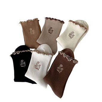 6-Pair Ribbed Crew Socks Set with Floral Embroidery Ruffle Trim Soft Stretch Fabric Everyday Comfort