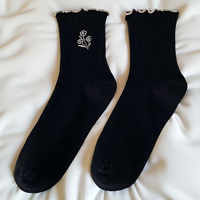 6-Pair Ribbed Crew Socks Set with Floral Embroidery Ruffle Trim Soft Stretch Fabric Everyday Comfort