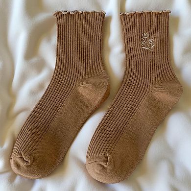 6-Pair Ribbed Crew Socks Set with Floral Embroidery Ruffle Trim Soft Stretch Fabric Everyday Comfort