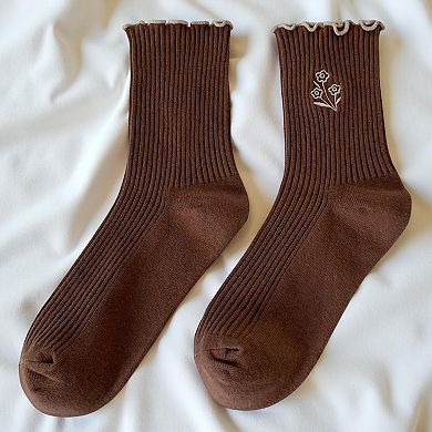 6-Pair Ribbed Crew Socks Set with Floral Embroidery Ruffle Trim Soft Stretch Fabric Everyday Comfort