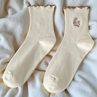 6-Pair Ribbed Crew Socks Set with Floral Embroidery Ruffle Trim Soft Stretch Fabric Everyday Comfort