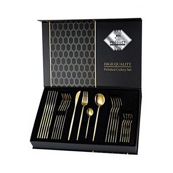 Polished Cutlery Set with Coordinated Flatware Pieces and Decorative Storage Box