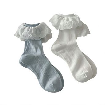 2-Pair Ruffle Lace Trim Crew Socks with Soft Stretch Fabric Decorative Eyelet Detail and Dressy