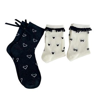 3-Pair Sheer Crew Socks Set with Heart Pattern Lace Trim Ribbon Tie Detail Soft Stretch Fabric