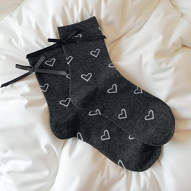 3-Pair Sheer Crew Socks Set with Heart Pattern Lace Trim Ribbon Tie Detail Soft Stretch Fabric