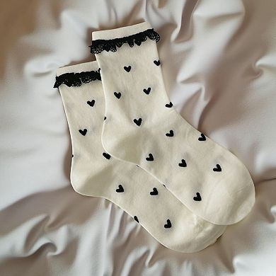 3-Pair Sheer Crew Socks Set with Heart Pattern Lace Trim Ribbon Tie Detail Soft Stretch Fabric