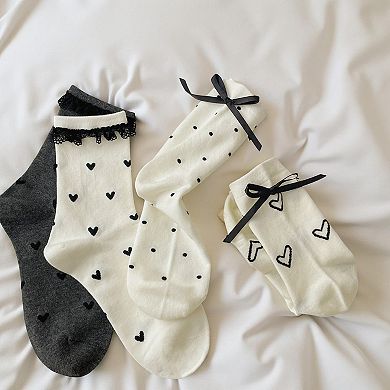 3-Pair Sheer Crew Socks Set with Heart Pattern Lace Trim Ribbon Tie Detail Soft Stretch Fabric