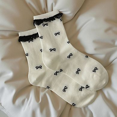 3-Pair Sheer Crew Socks Set with Heart Pattern Lace Trim Ribbon Tie Detail Soft Stretch Fabric