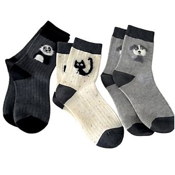3-Pair Ribbed Crew Socks Set with Playful Animal Motifs Soft Stretch Fabric Everyday Fashion Socks