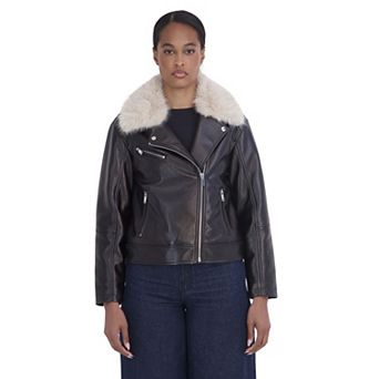 Juniors' Sebby Distressed Faux Leather Jacket with Faux Fur Collar