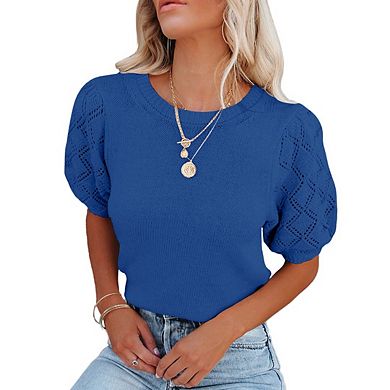Womens Short Sleeve Sweaters Crewneck Knit Pullover Tops Casual Lightweight Crochet Shirt