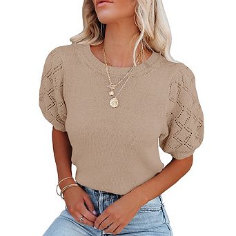Womens Short Sleeve Sweaters Crewneck Knit Pullover Tops Casual Lightweight Crochet Shirt