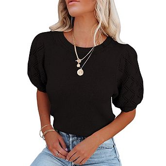 Womens Short Sleeve Sweaters Crewneck Knit Pullover Tops Casual Lightweight Crochet Shirt