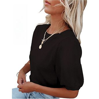 Womens Short Sleeve Sweaters Crewneck Knit Pullover Tops Casual Lightweight Crochet Shirt
