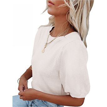 Womens Short Sleeve Sweaters Crewneck Knit Pullover Tops Casual Lightweight Crochet Shirt