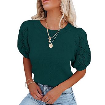 Womens Short Sleeve Sweaters Crewneck Knit Pullover Tops Casual Lightweight Crochet Shirt
