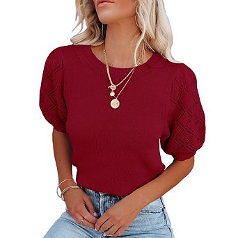 Womens Short Sleeve Sweaters Crewneck Knit Pullover Tops Casual Lightweight Crochet Shirt